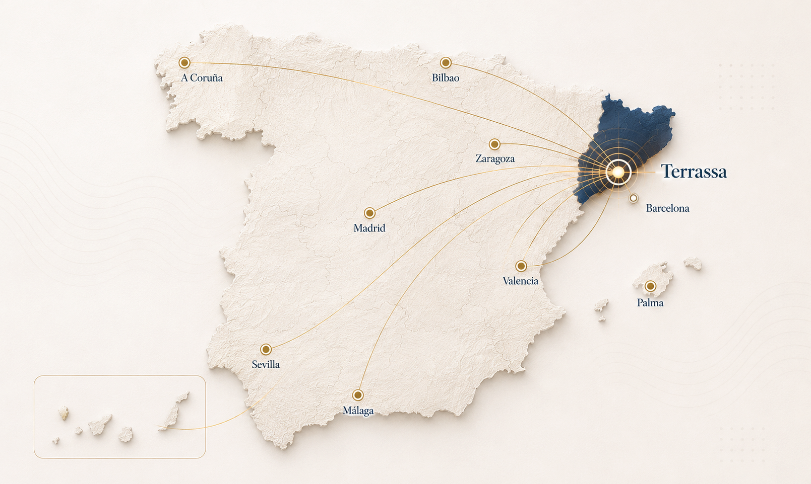 Mapa de España con Terrassa como sede y conexiones nacionales